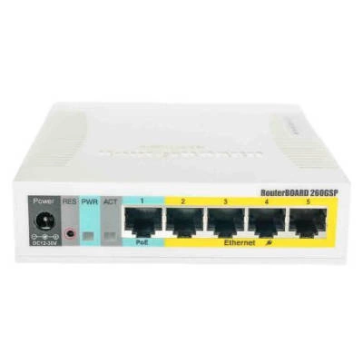 Schalter Mikrotik CSS106-1G-4P-1S 5x 10/100/1000 PoE output RB260GSP only: Passive PoE output on ports 2-5. Max current 1A per port, DC jack input Voltage: 10-57 V